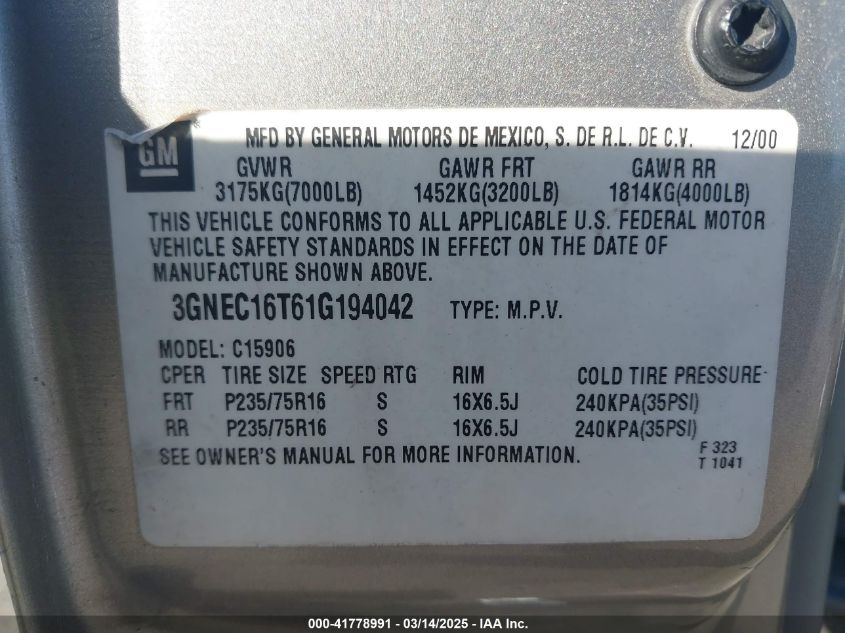 2001 Chevrolet Suburban 1500 Ls VIN: 3GNEC16T61G194042 Lot: 41778991