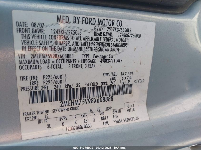 2008 Mercury Grand Marquis Ls VIN: 2MEHM75V98X608888 Lot: 41779002