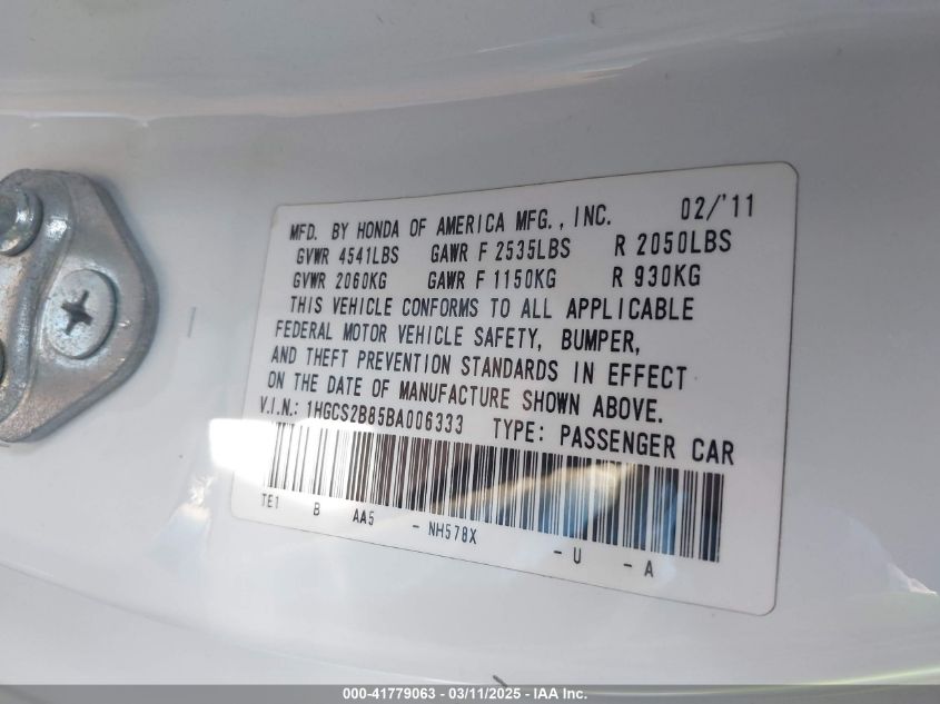 2011 Honda Accord 3.5 Ex-L VIN: 1HGCS2B85BA006333 Lot: 41779063