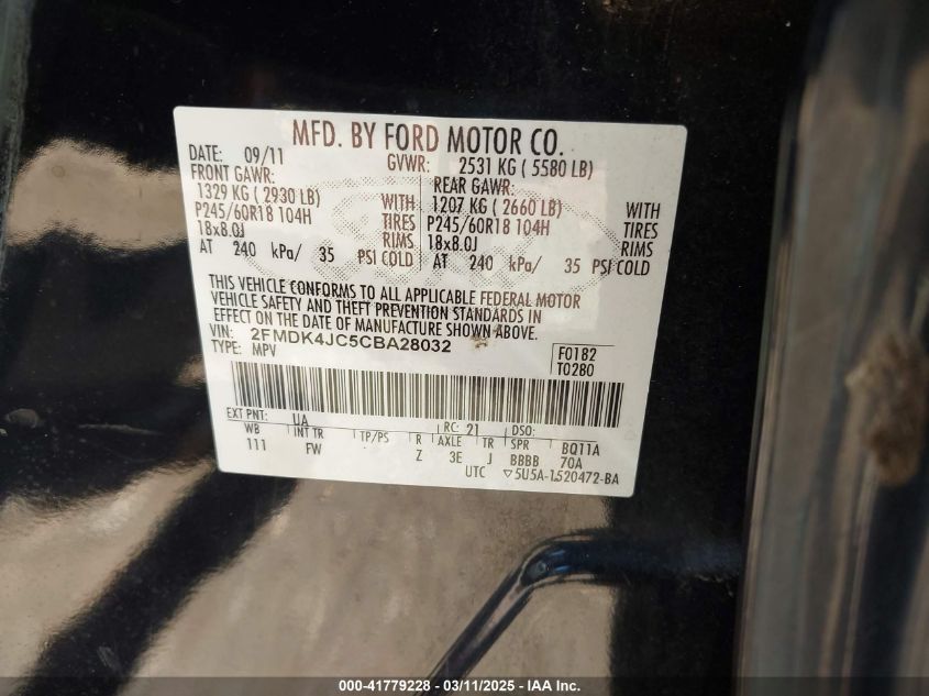 2012 Ford Edge Sel VIN: 2FMDK4JC5CBA28032 Lot: 41779228