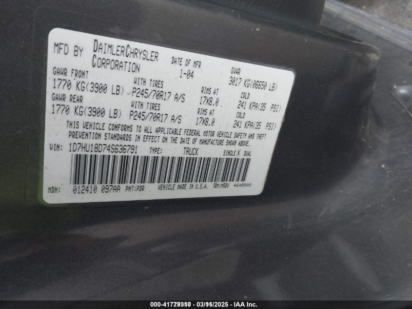 2002 Dodge Ram 1500 St VIN: 3D7HU18NX2G170884 Lot: 41779310