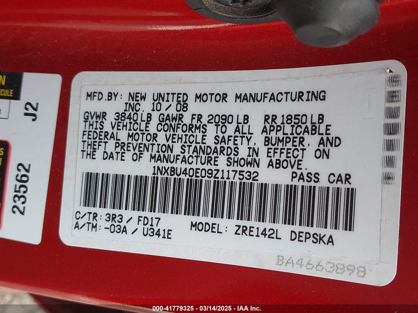 2009 TOYOTA COROLLA VIN: 1NXBU40E09Z117532