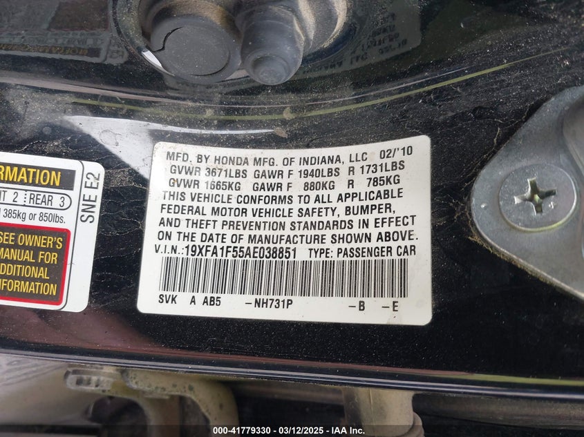 2010 Honda Civic Lx VIN: 19XFA1F55AE038851 Lot: 41779330