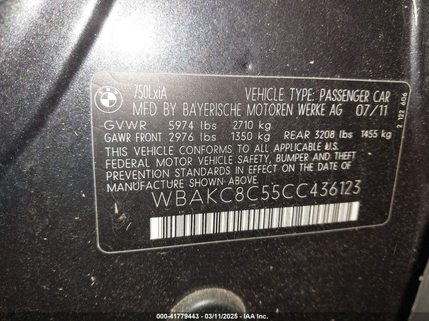 2012 BMW 750Li xDrive VIN: WBAKC8C55CC436123 Lot: 41779443