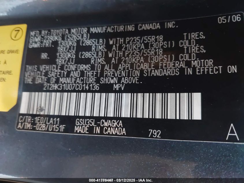 2007 Lexus Rx 350 VIN: 2T2HK31U07C014136 Lot: 41779447