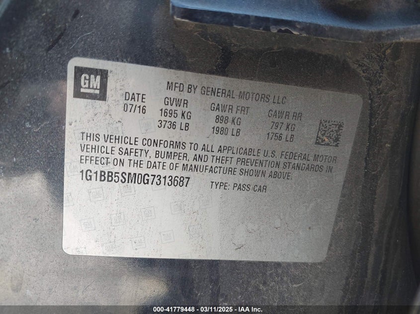 2016 CHEVROLET CRUZE VIN: 1G1BB5SM0G7313687