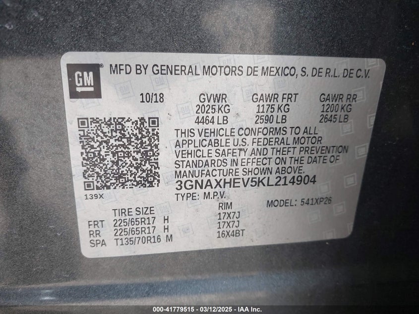 2019 CHEVROLET EQUINOX VIN: 3GNAXHEV5KL214904