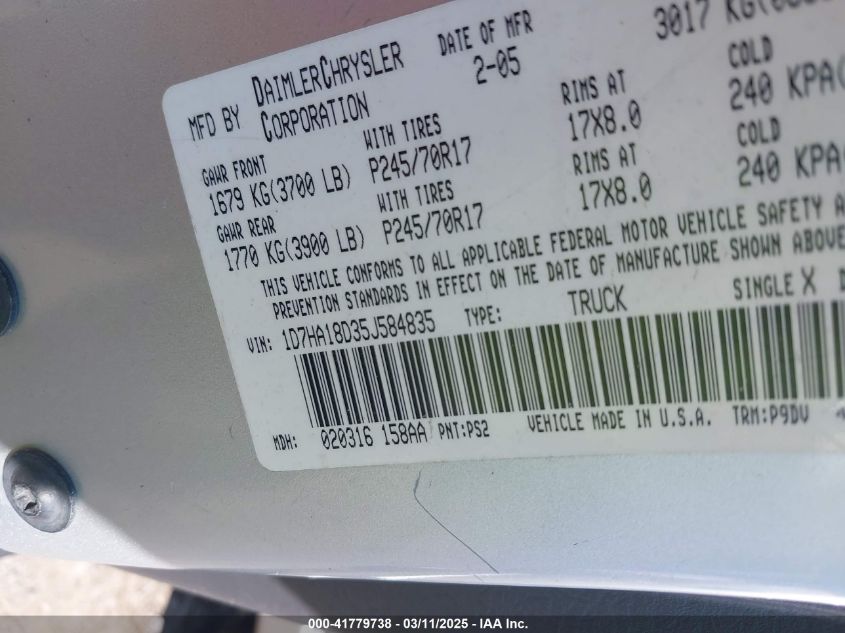 2005 Dodge Ram 1500 St VIN: 1D7HA18D35J584835 Lot: 41779738