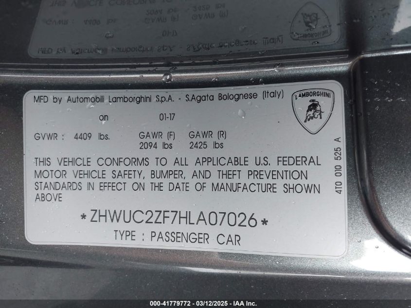 ZHWUC2ZF7HLA07026 2017 LAMBORGHINI HURACÁN photo no. 9