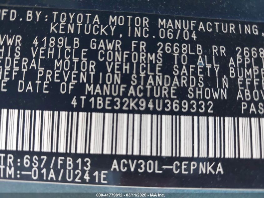 2004 Toyota Camry Le VIN: 4T1BE32K94U369332 Lot: 41779812