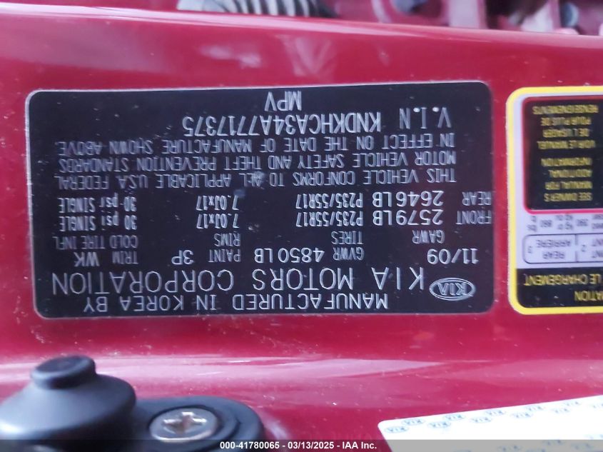 2010 Kia Sportage Ex V6 VIN: KNDKHCA34A7717375 Lot: 41780065