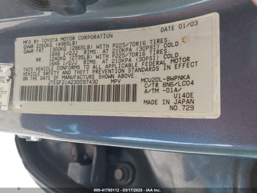 2003 Toyota Highlander Limited V6 VIN: JTEGF21A230097430 Lot: 41780112