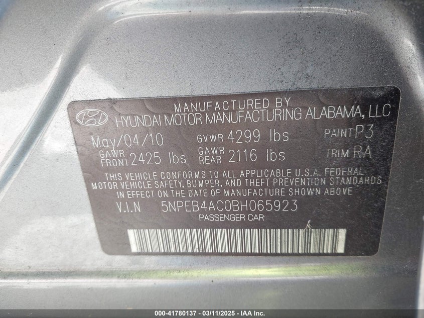 2011 HYUNDAI SONATA VIN: 5NPEB4AC0BH065923