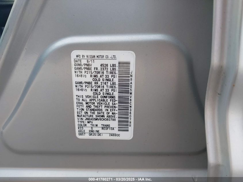 2012 Nissan Rogue S VIN: JN8AS5MV6CW360798 Lot: 41780271