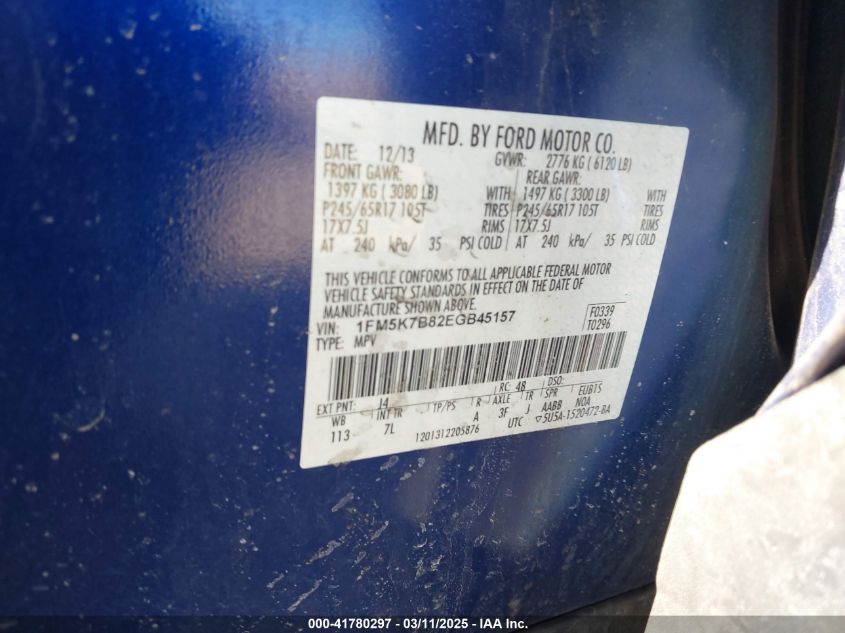 2014 Ford Explorer VIN: 1FM5K7B82EGB45157 Lot: 41780297
