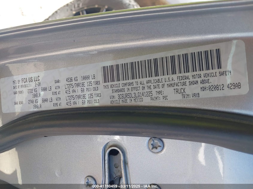 2020 RAM 2500 VIN: 3C6UR5DL3LG141225