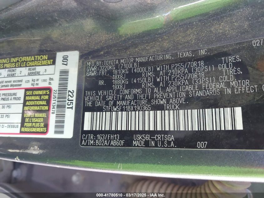 2011 Toyota Tundra Grade 5.7L V8 VIN: 5TFUW5F11BX190365 Lot: 41780510