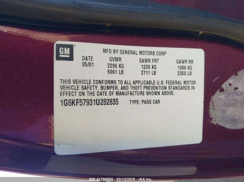 2001 Cadillac Deville Dts VIN: 1G6KF57931U282835 Lot: 41780555
