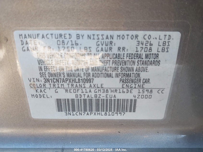 2017 NISSAN VERSA 1.6 SV - 3N1CN7APXHL810997