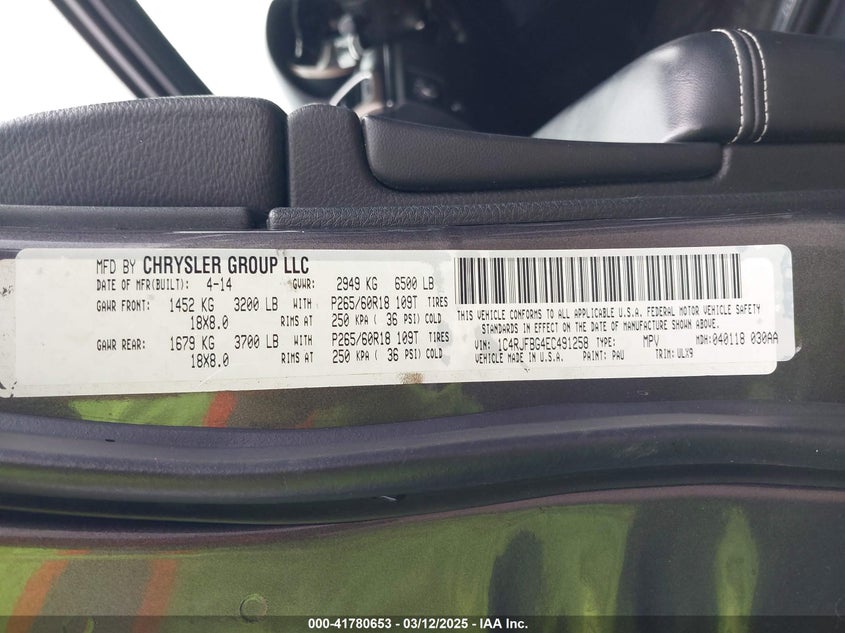 2014 JEEP GRAND CHEROKEE VIN: 1C4RJFBG4EC491258