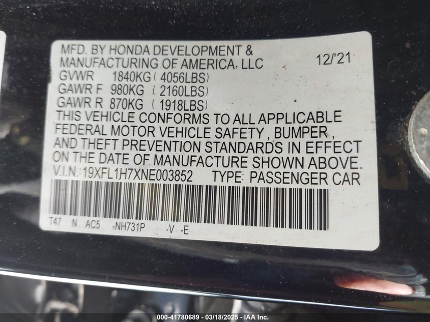 2022 HONDA CIVIC VIN: 19XFL1H7XNE003852
