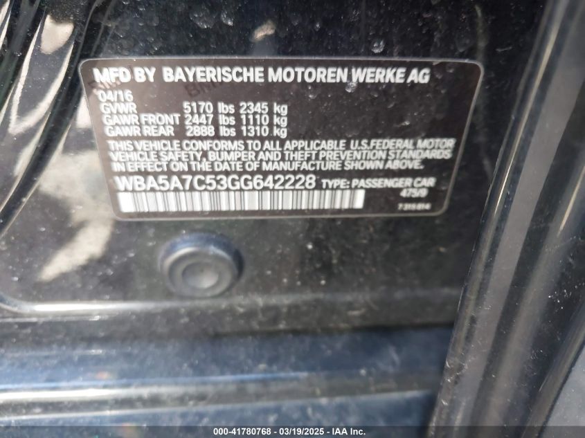 2016 BMW 528I xDrive VIN: WBA5A7C53GG642228 Lot: 41780768