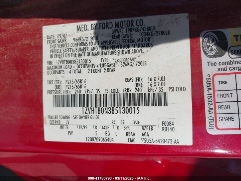 2008 Ford Mustang V6 Deluxe VIN: 1ZVHT80N385130015 Lot: 41780793