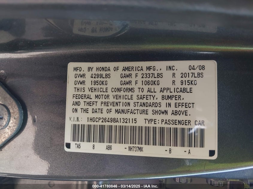 2008 HONDA ACCORD VIN: 1HGCP26498A132115