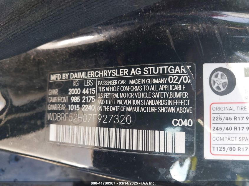 2007 Mercedes-Benz C 230 Sport VIN: WDBRF52H07F927320 Lot: 41780987