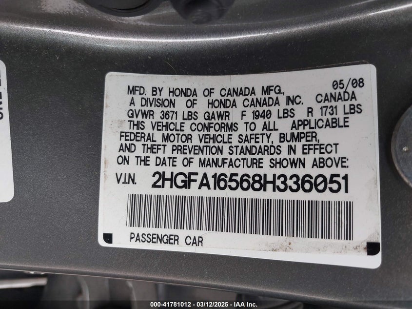 2008 HONDA CIVIC VIN: 2HGFA16568H336051