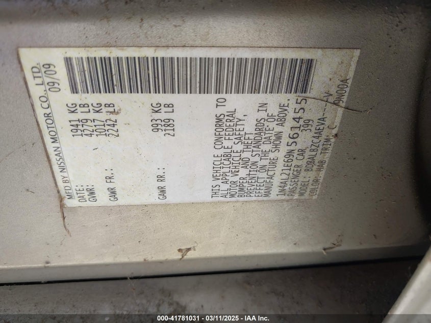 2009 NISSAN ALTIMA VIN: 1N4AL21E69N561455