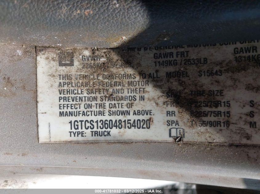 2004 GMC Canyon Sle VIN: 1GTCS136048154020 Lot: 41781032