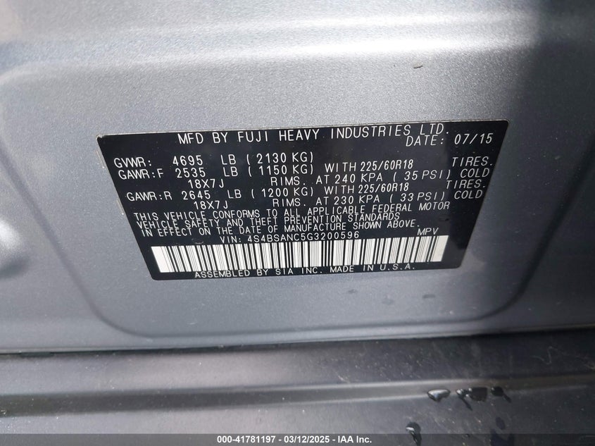 2016 SUBARU OUTBACK 2.5I LIMITED - 4S4BSANC5G3200596