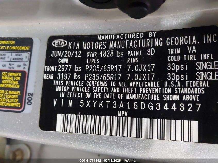 2013 Kia Sorento Lx VIN: 5XYKT3A16DG344327 Lot: 41781362