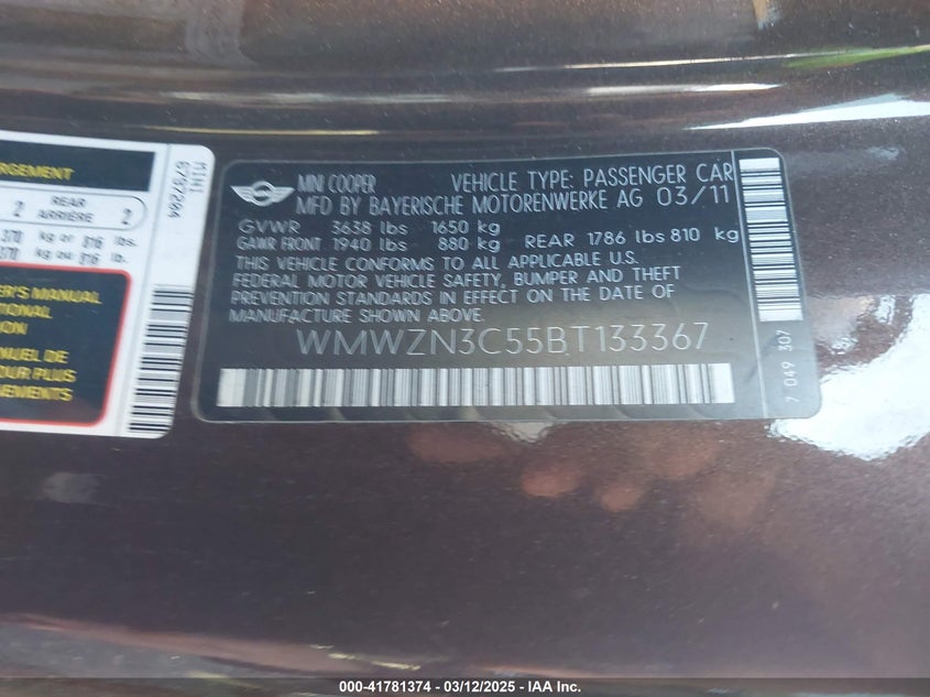 2011 MINI COOPER VIN: WMWZN3C55BT133367