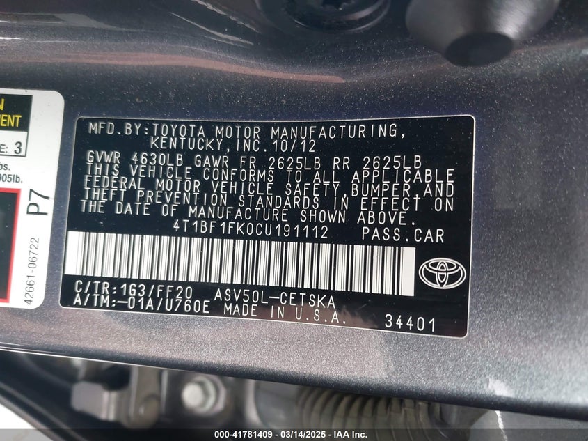 2012 TOYOTA CAMRY VIN: 4T1BF1FK0CU191112