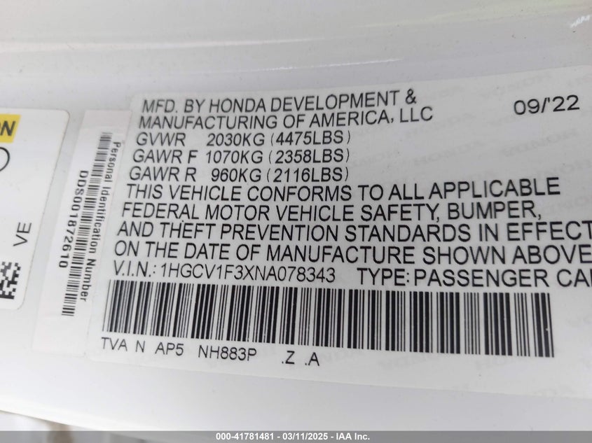 2022 HONDA ACCORD SPORT - 1HGCV1F3XNA078343