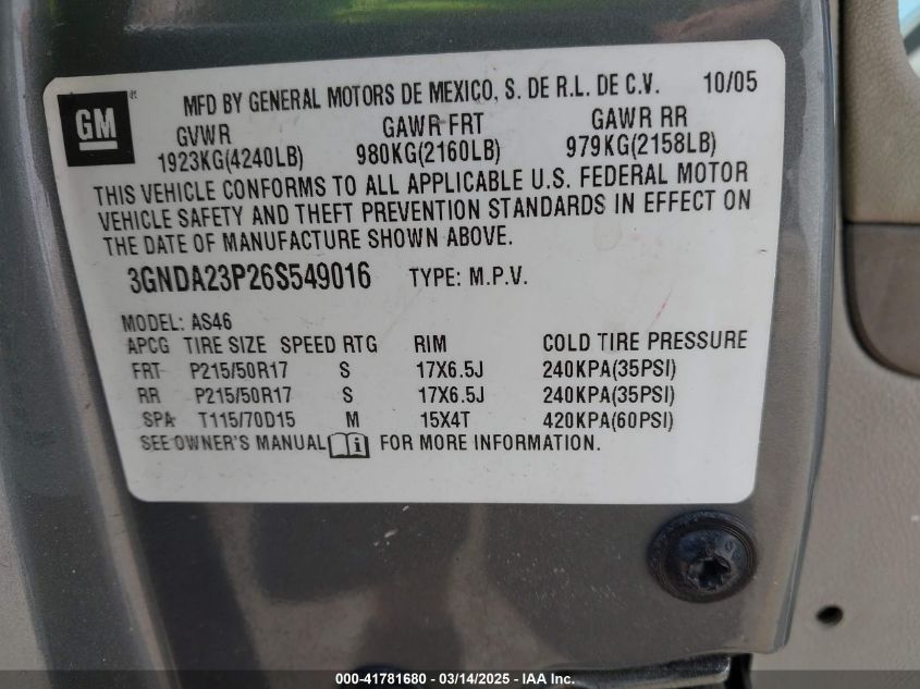 2006 Chevrolet Hhr Lt VIN: 3GNDA23P26S549016 Lot: 41781680