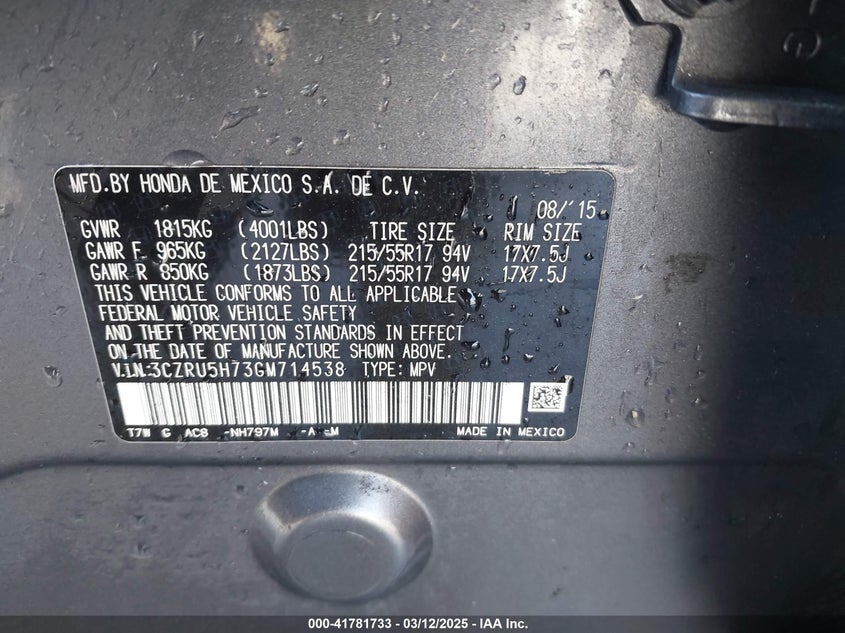 2016 HONDA HR-V VIN: 3CZRU5H73GM714538