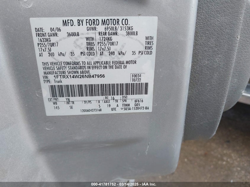 2006 FORD F-150 VIN: 1FTRX14W26NB47956