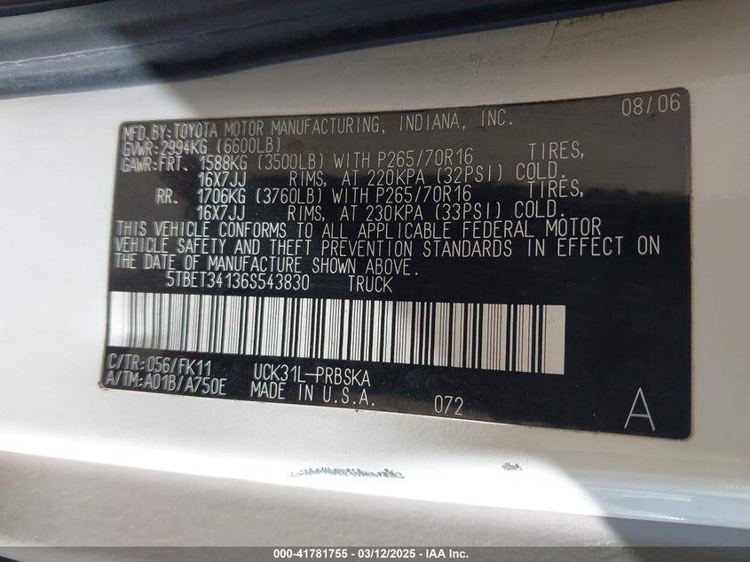2006 TOYOTA TUNDRA VIN: 5TBET34136S543830