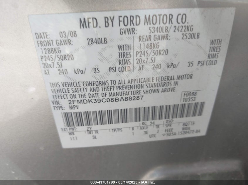 2008 Ford Edge Limited VIN: 2FMDK39C08BA88287 Lot: 41781799