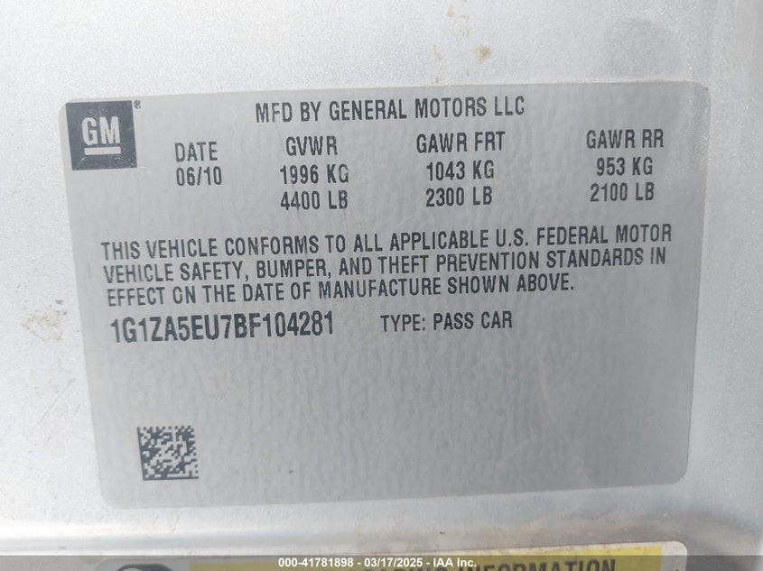 2011 CHEVROLET MALIBU VIN: 1G1ZA5EU7BF104281