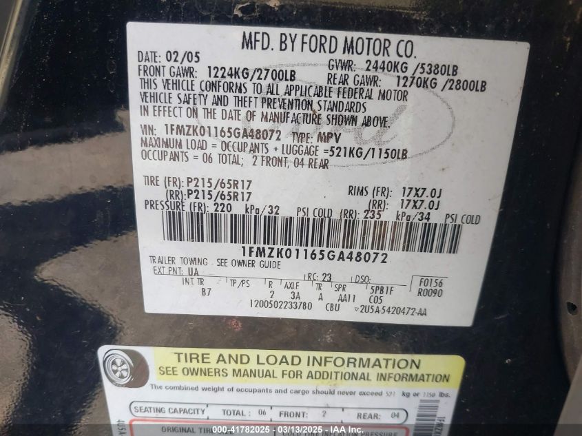 2005 Ford Freestyle Se VIN: 1FMZK01165GA48072 Lot: 41782025