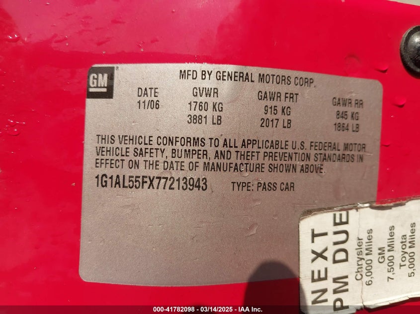 2007 CHEVROLET COBALT VIN: 1G1AL55FX77213943