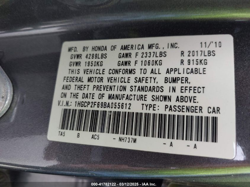 2011 Honda Accord 2.4 Se VIN: 1HGCP2F69BA055612 Lot: 41782122
