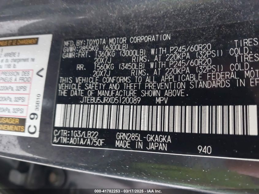 2013 Toyota 4Runner Limited VIN: JTEBU5JRXD5120089 Lot: 41782253