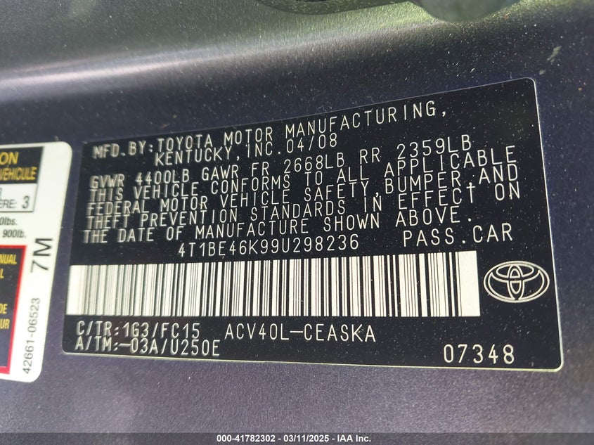 2009 TOYOTA CAMRY VIN: 4T1BE46K99U298236