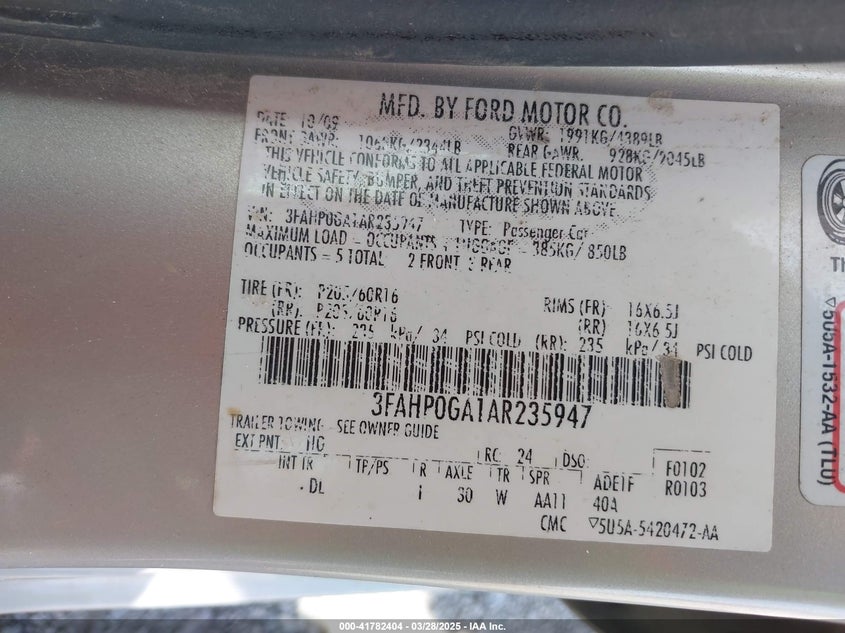 2010 FORD FUSION VIN: 3FAHP0GA1AR235947
