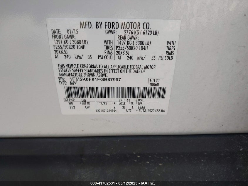 2015 FORD EXPLORER VIN: 1FM5K8F81FGB87997